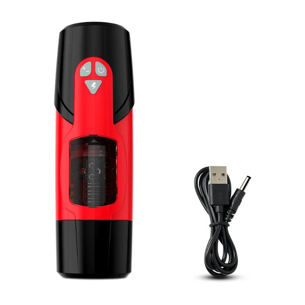 Red and black rotating masturbator with exposed inner sleeve and USB charging cable