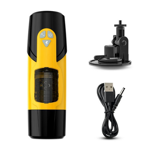 Yellow-and-black rotating masturbator with controls, suction stand, and USB charging cable