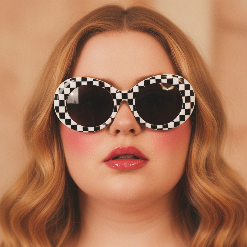 Queer femme with wavy light brown hair in bold black-and-white Plaid Vintage Sunglasses, glossy pink lips; beige background.