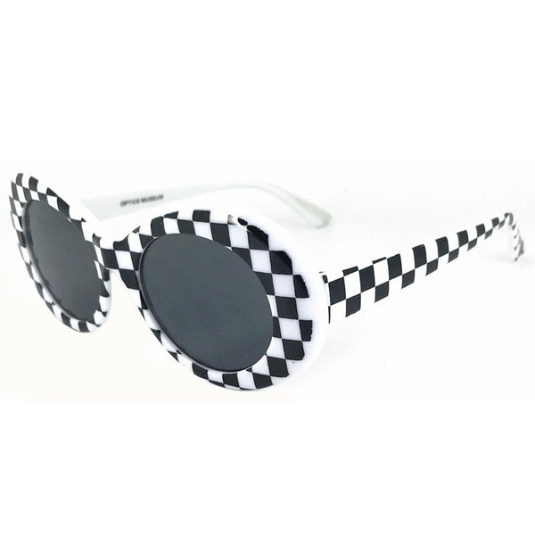 Black-and-white checkerboard sunglasses shown at an angled three-quarter view with dark lenses