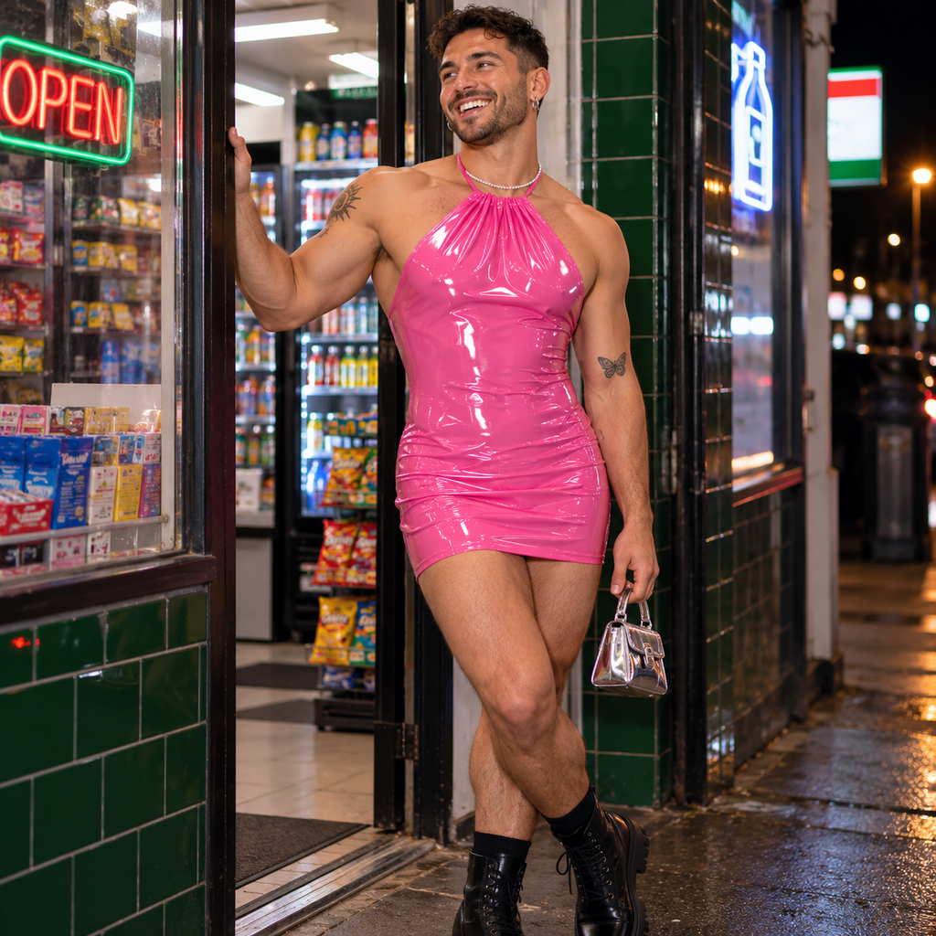 Adult masculine-presenting model wearing the glossy pink Dollface halter mini dress with black boots outside a corner store.