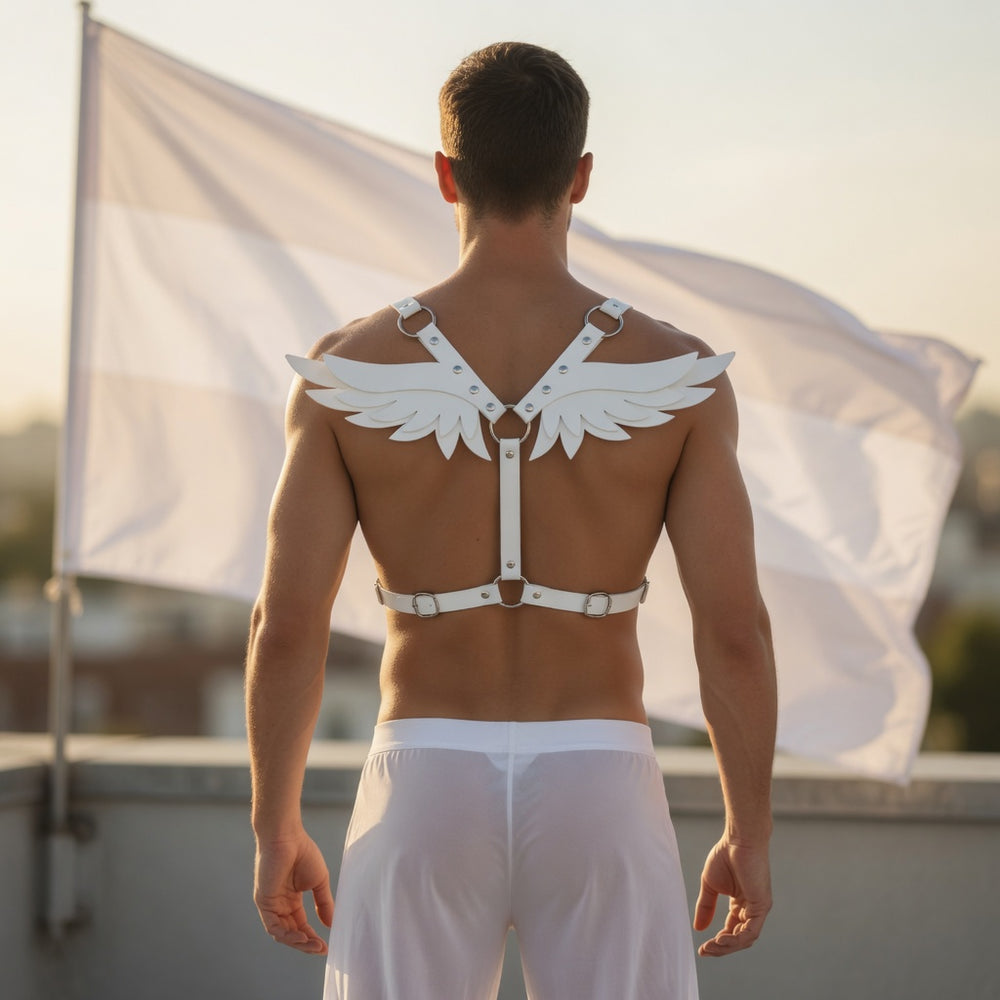 Back view of a person wearing a white winged leather harness over white pants