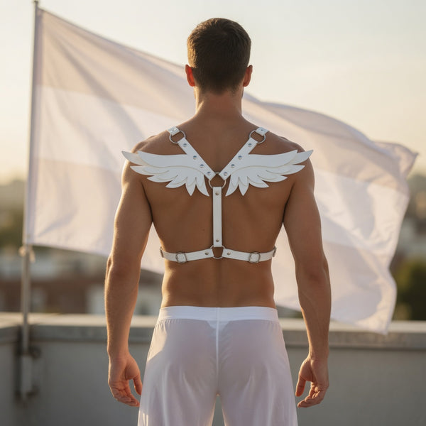 Back view of a person wearing a white winged leather harness over white pants