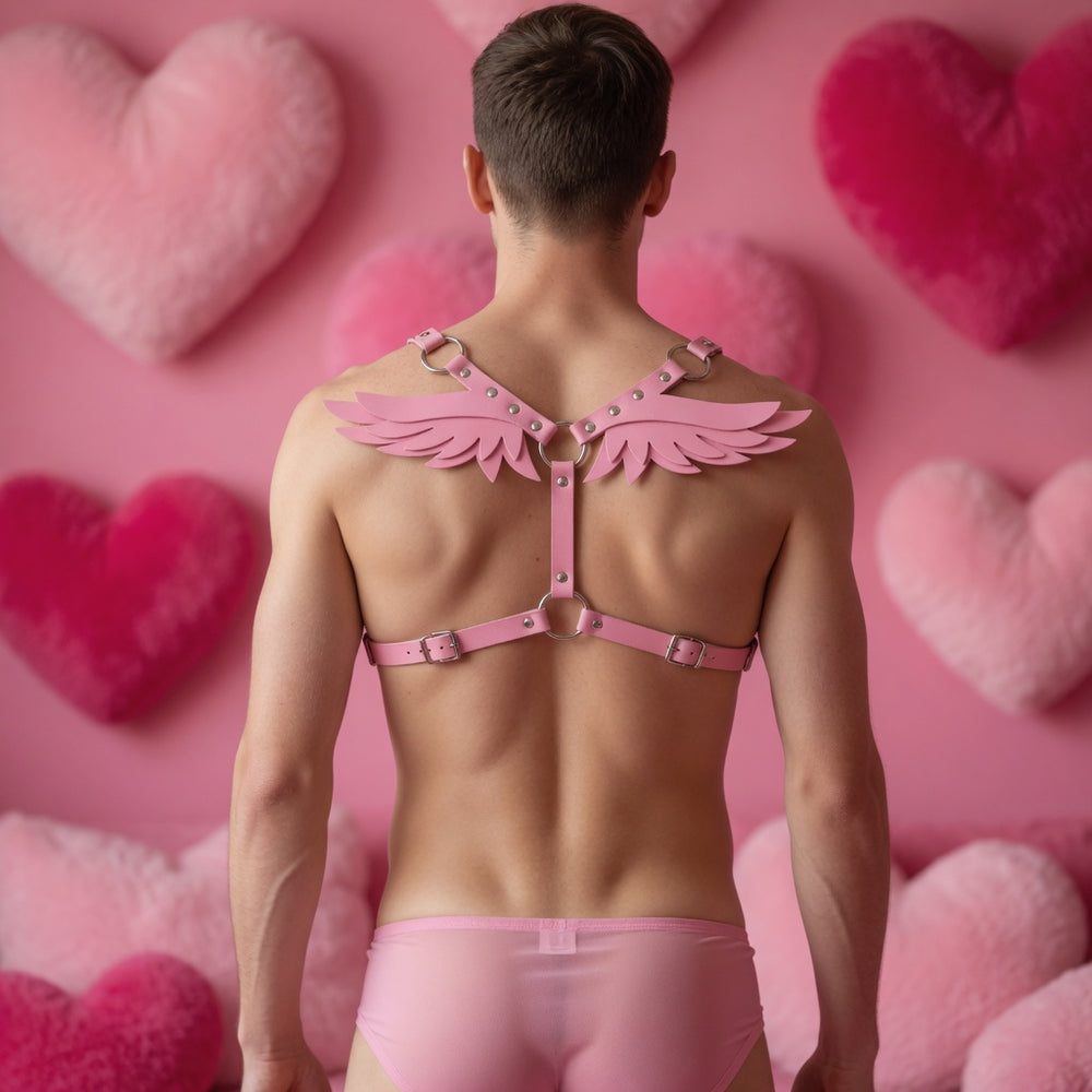 Rear view of a model wearing a pink leather harness with angel wings and straps