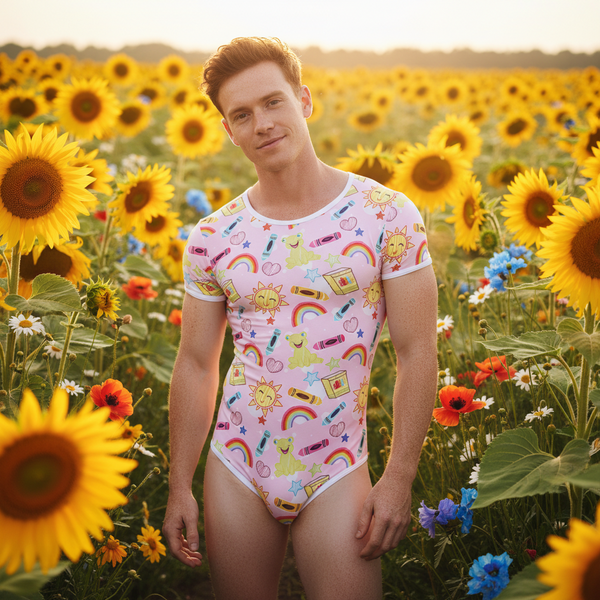 Playful Dreams printed onesie pajamas with rainbows, suns, lipstick, and bold designs on a smiling man at sunset in a field.