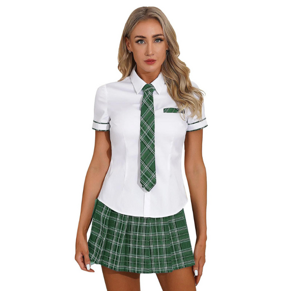 Front-view model wearing a white collared shirt, green plaid tie, and matching pleated skirt