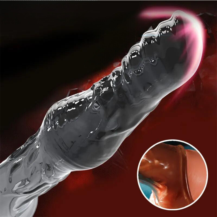 Close-up of a translucent gray penis extender sleeve with raised ribbed texture
