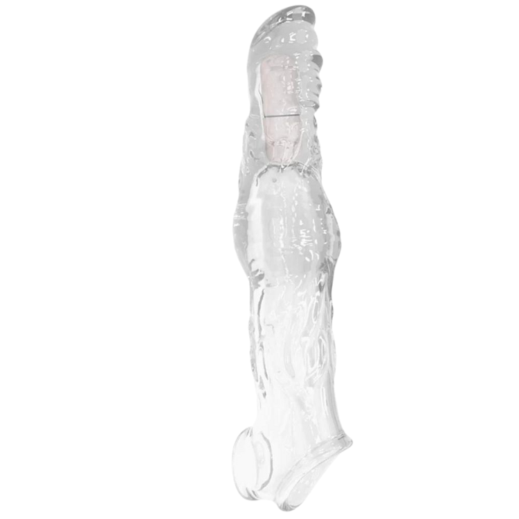 Transparent penis extender sleeve shown upright at an angle, with textured ridges and a base ring