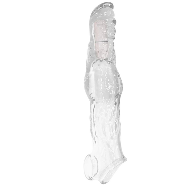 Transparent penis extender sleeve shown upright at an angle, with textured ridges and a base ring