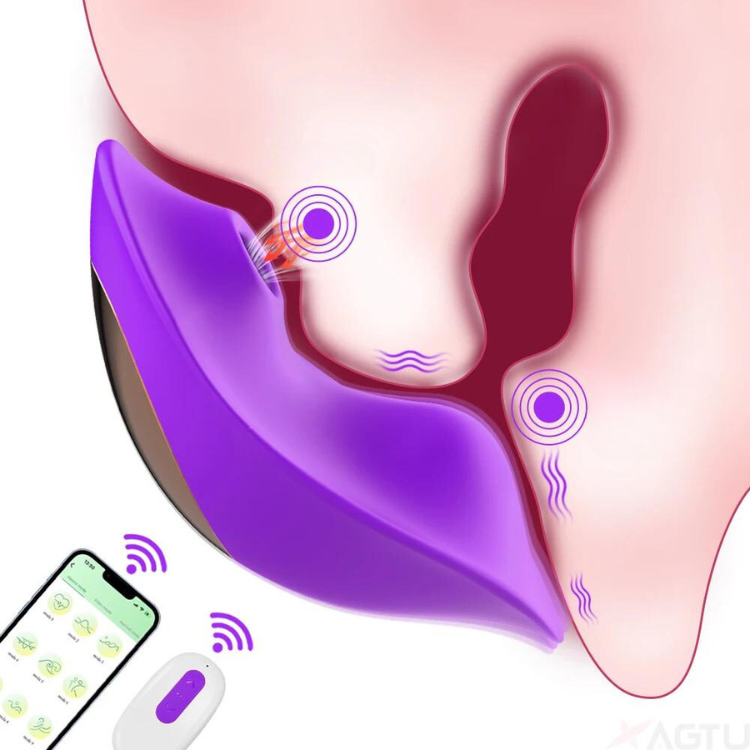 Illustration of a purple clitoral suction toy with app and remote control icons