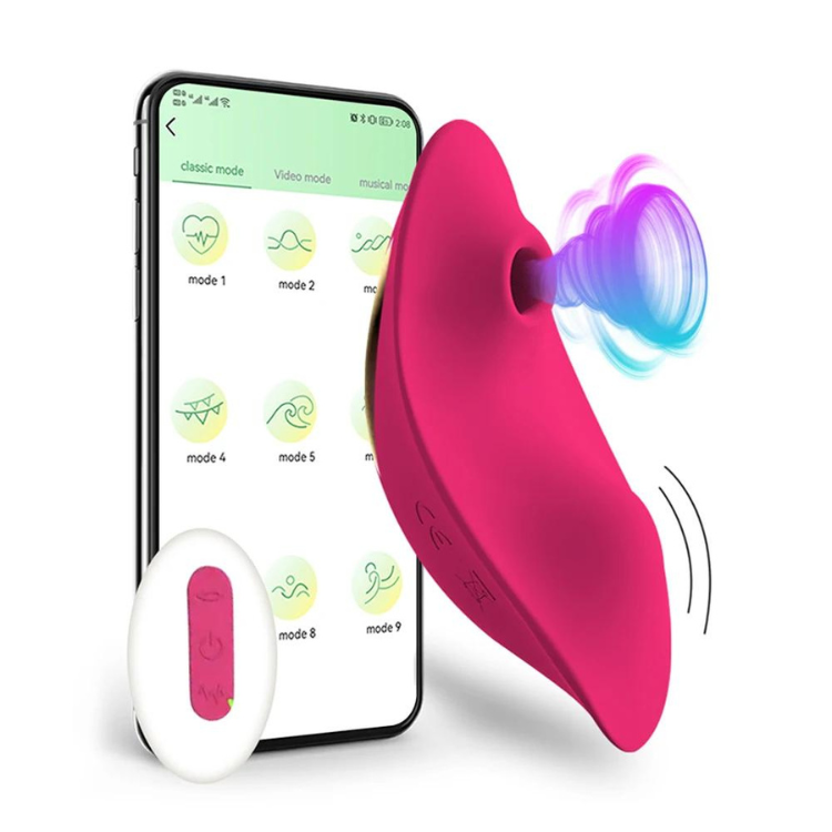 Pink clitoral suction toy beside a phone showing mode controls and a white remote