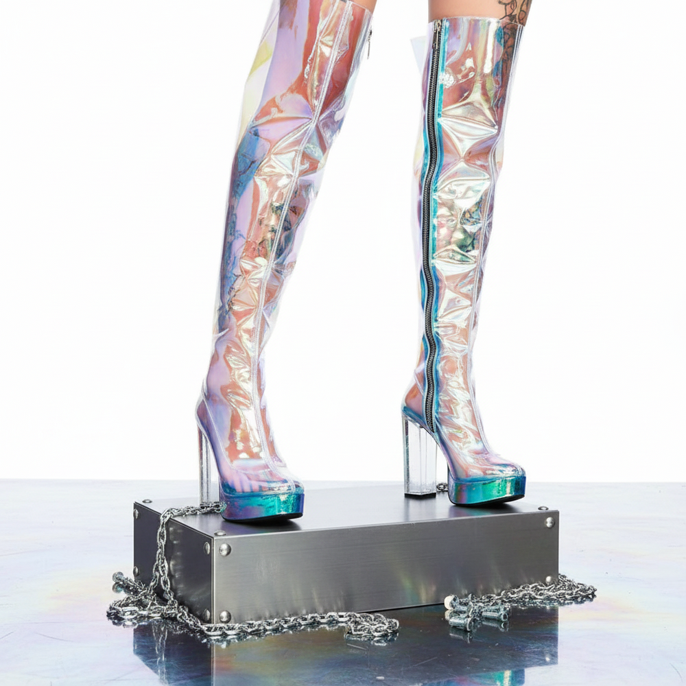 Plus Size Transparent Punk Heel Platform Boots, shimmering pink, blue, and silver, worn by a person on a chained metal box