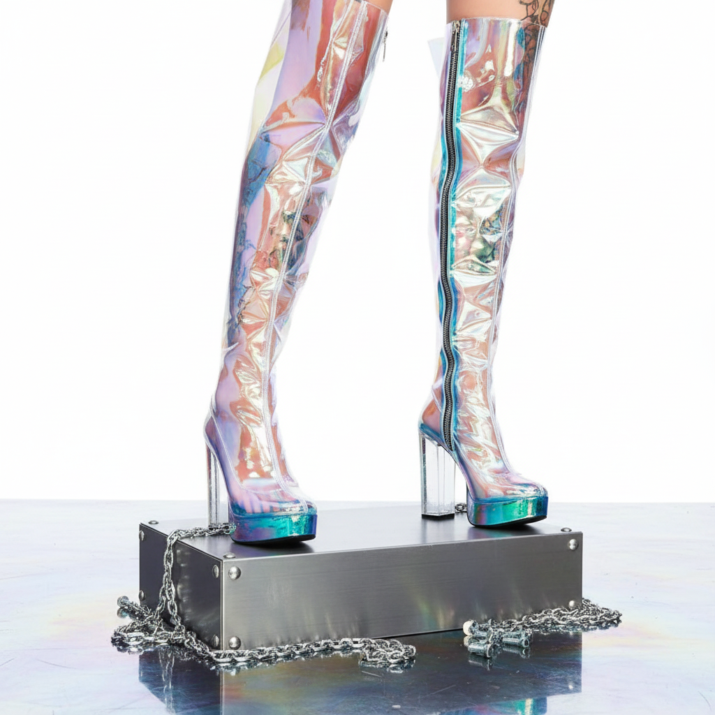 Plus Size Transparent Punk Heel Platform Boots, shimmering pink, blue, and silver, worn by a person on a chained metal box