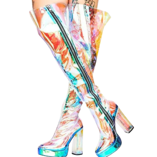 Iridescent transparent platform boots with tall block heels and front zippers