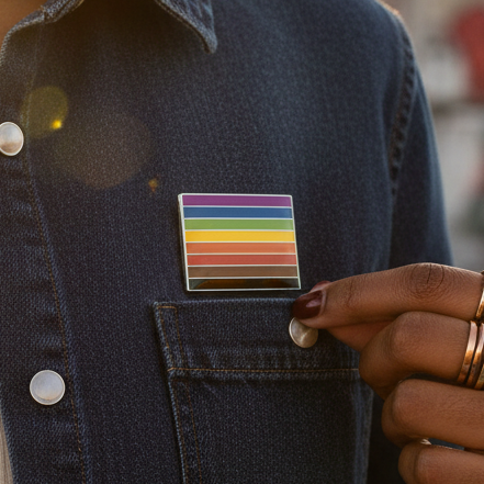 Rainbow-striped POC Pride enamel pin on a dark denim jacket