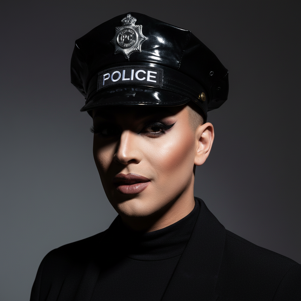 A person in a Police Cosplay Kinky Hat and black outfit, with bold makeup, poses confidently on a neutral gradient background