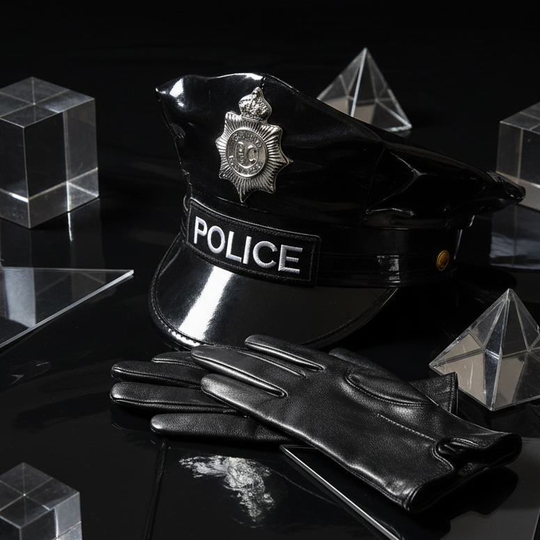 Glossy black police cosplay cap with badge and POLICE patch beside black gloves
