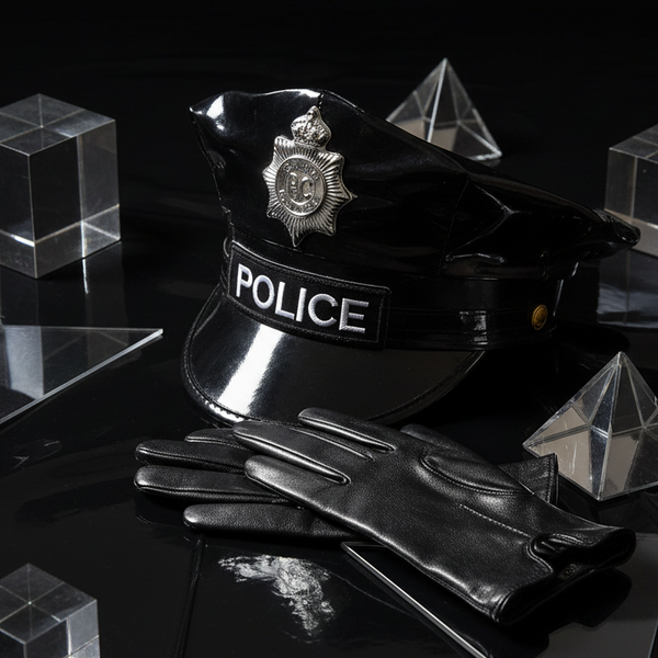Glossy black police cosplay cap with badge and POLICE patch beside black gloves