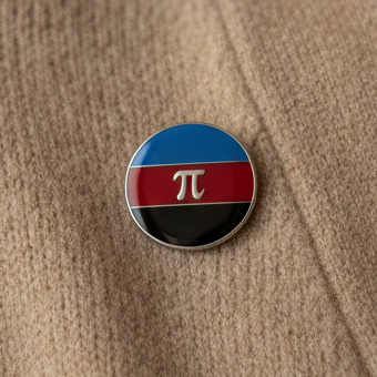 Round polyamory pride enamel pin with blue, red, and black stripes and white pi symbol