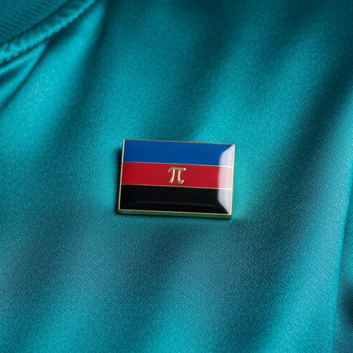 Polyamorous Pride Enamel Pin on teal fabric; features blue, red, black stripes with gold π symbol