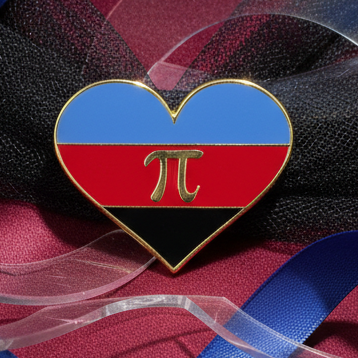 Polyamorous Pride Heart Enamel Pin featuring light blue, red, and black stripes with a gold Greek letter π on red