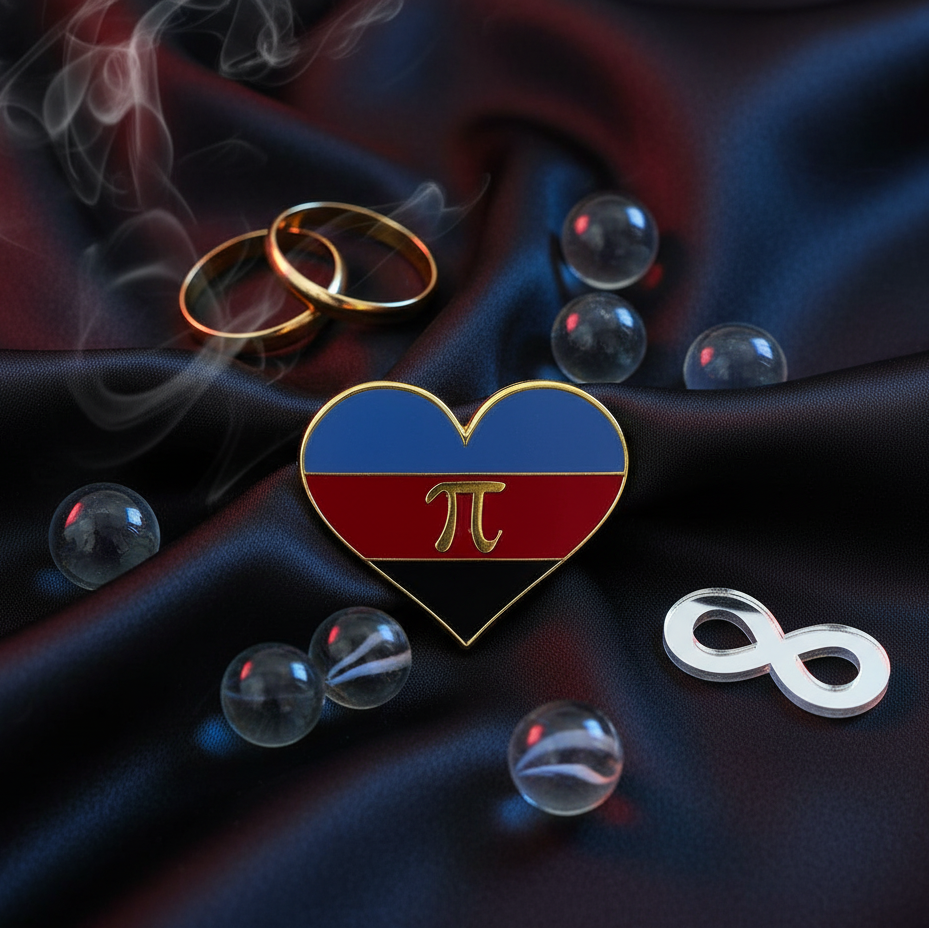 Polyamorous pride heart enamel pin with blue, red and black stripes and a gold pi symbol