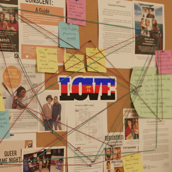 Polyamory Love Bubble-Free Stickers on a corkboard with flyers, photos, rainbow notes