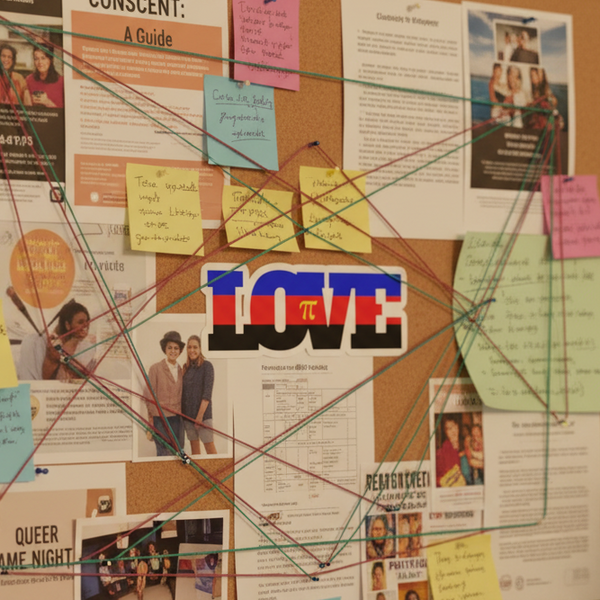 Polyamory Love Bubble-Free Stickers on a corkboard with flyers, photos, rainbow notes