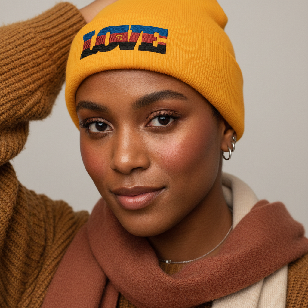 Polyamory Love Cuffed Beanie with rainbow "LOVE" letters, worn by a femme in a brown sweater and beige scarf, smiling softly.