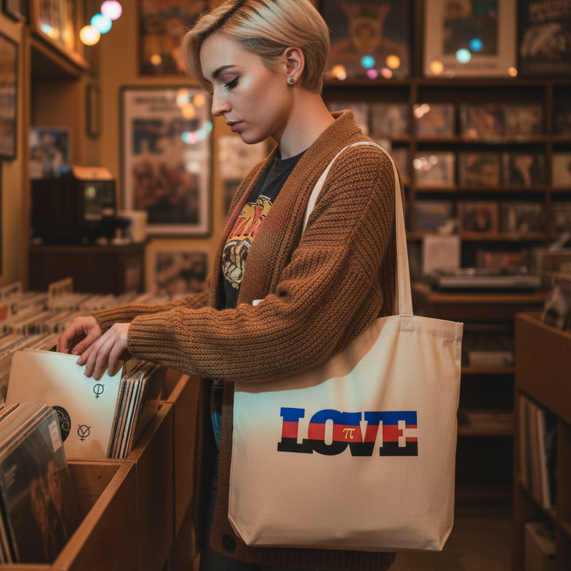 Person browsing records with a cream tote printed with colorful “LOVE” lettering