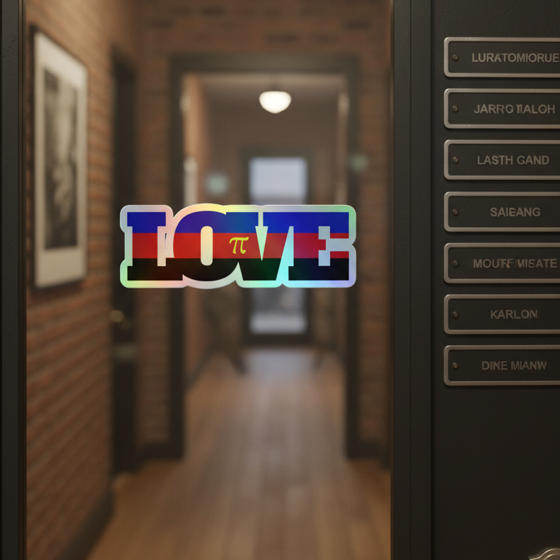 Polyamory holographic sticker on glass door reads “LOVE” with a pi symbol for the O; brick and wood hall