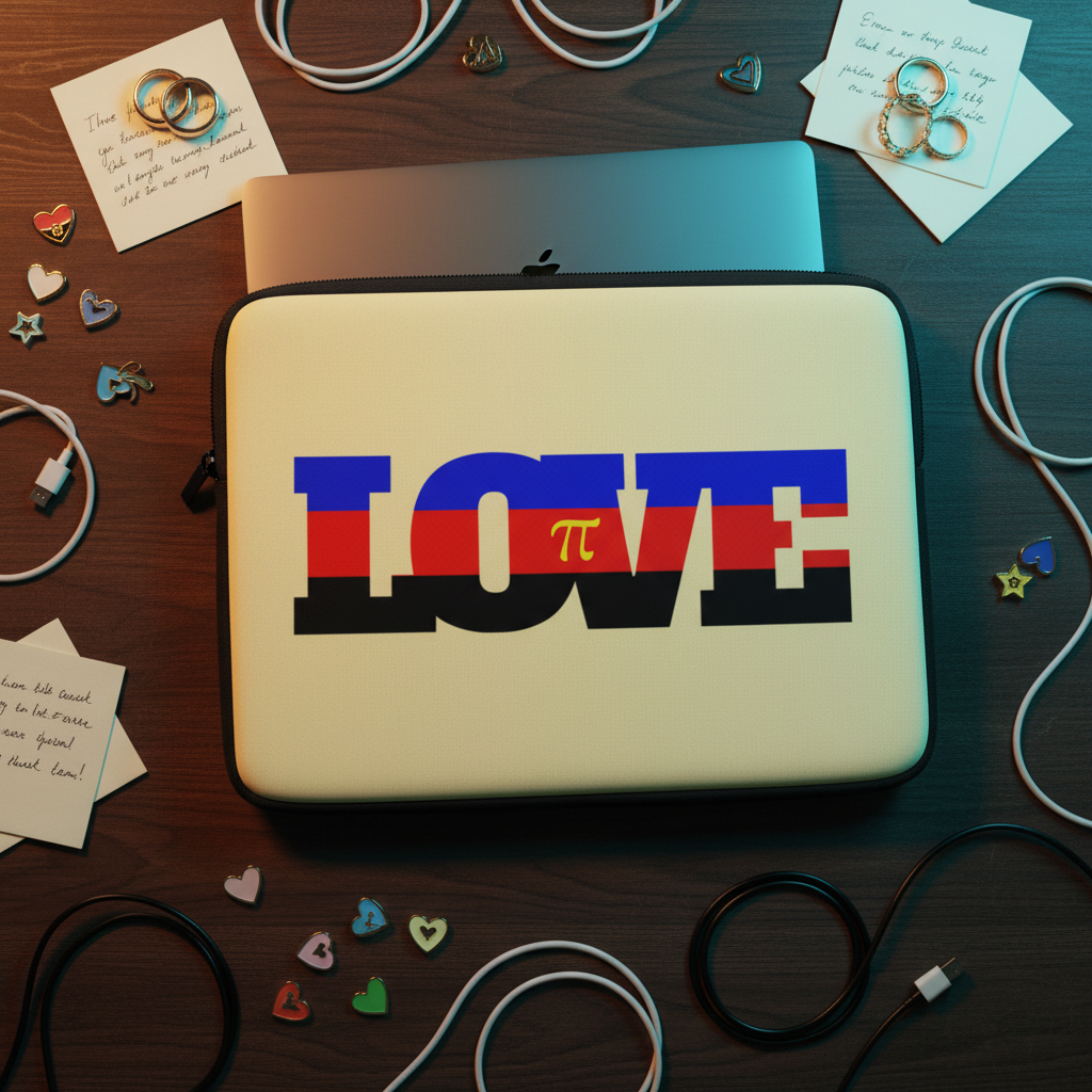 Polyamory Love neoprene laptop sleeve on a wooden desk, “LOVE” in rainbow stripes with Greek pi as the V