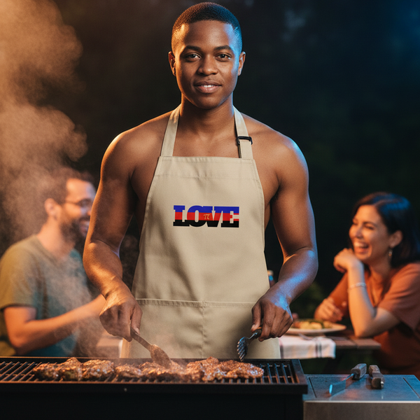 Person wearing Beige LOVE print apron, outdoor barbecue scene; polyamory Pride organic cotton apron