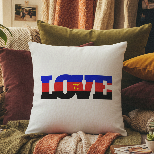 Polyamory Love Pillow with "LOVE" in blue, pink, and red stripes; O is a pi symbol