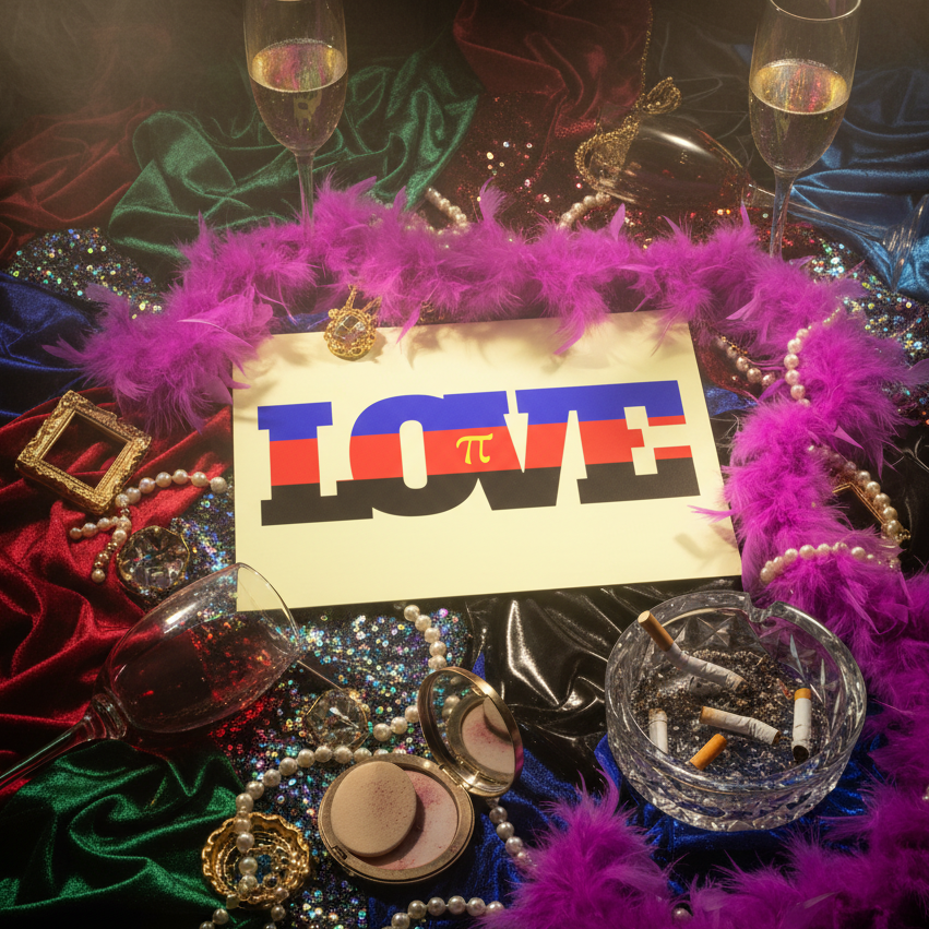 Polyamory Love Postcard, "LOVE" with pi symbol O, on shiny fabric with pearls, crown pin, makeup, purple boa, glitter