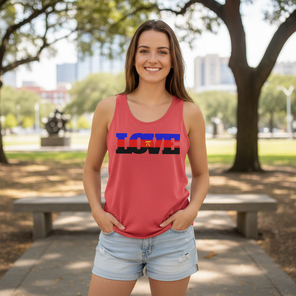 Polyamory Love unisex coral tank top with pi symbol and “LOVE” in polyam pride flag colors