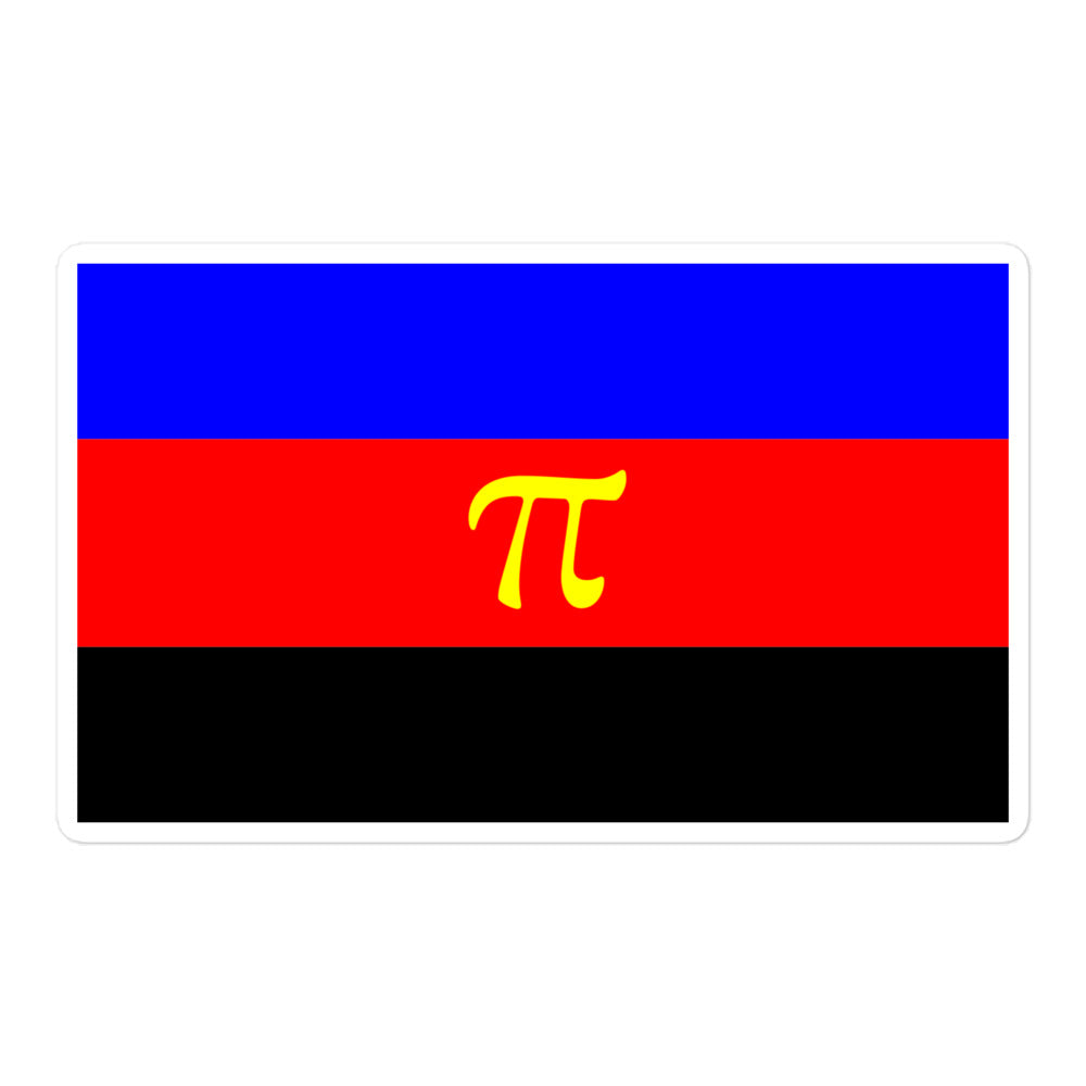 Rectangular sticker with blue, red, and black bands and a yellow pi symbol
