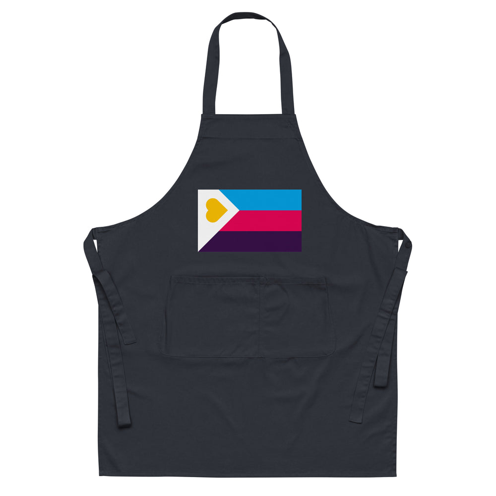 Front-facing black apron with a colorful polyamory pride flag and large front pocket