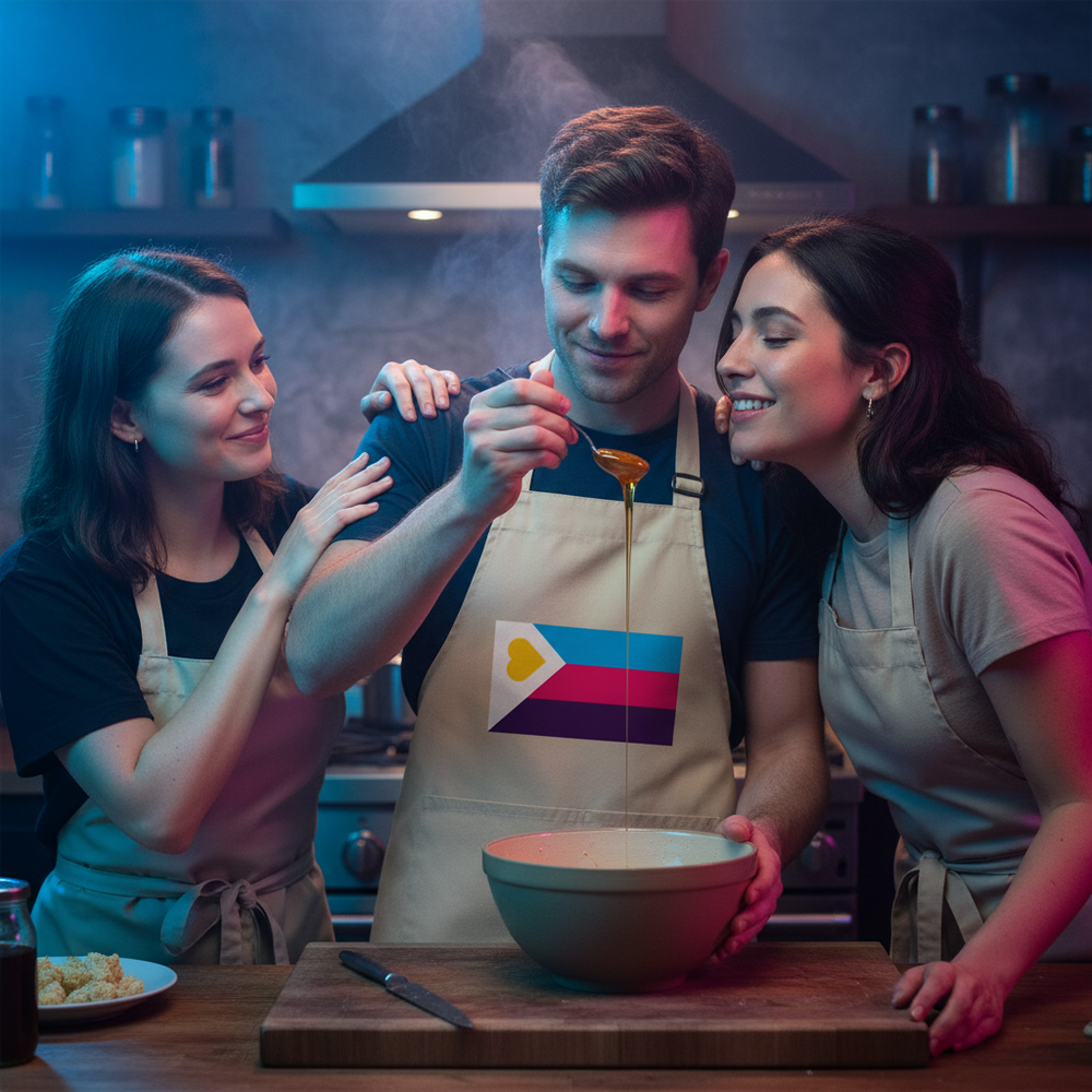 Three people cooking together; the center person wears an apron with a polyamory pride flag