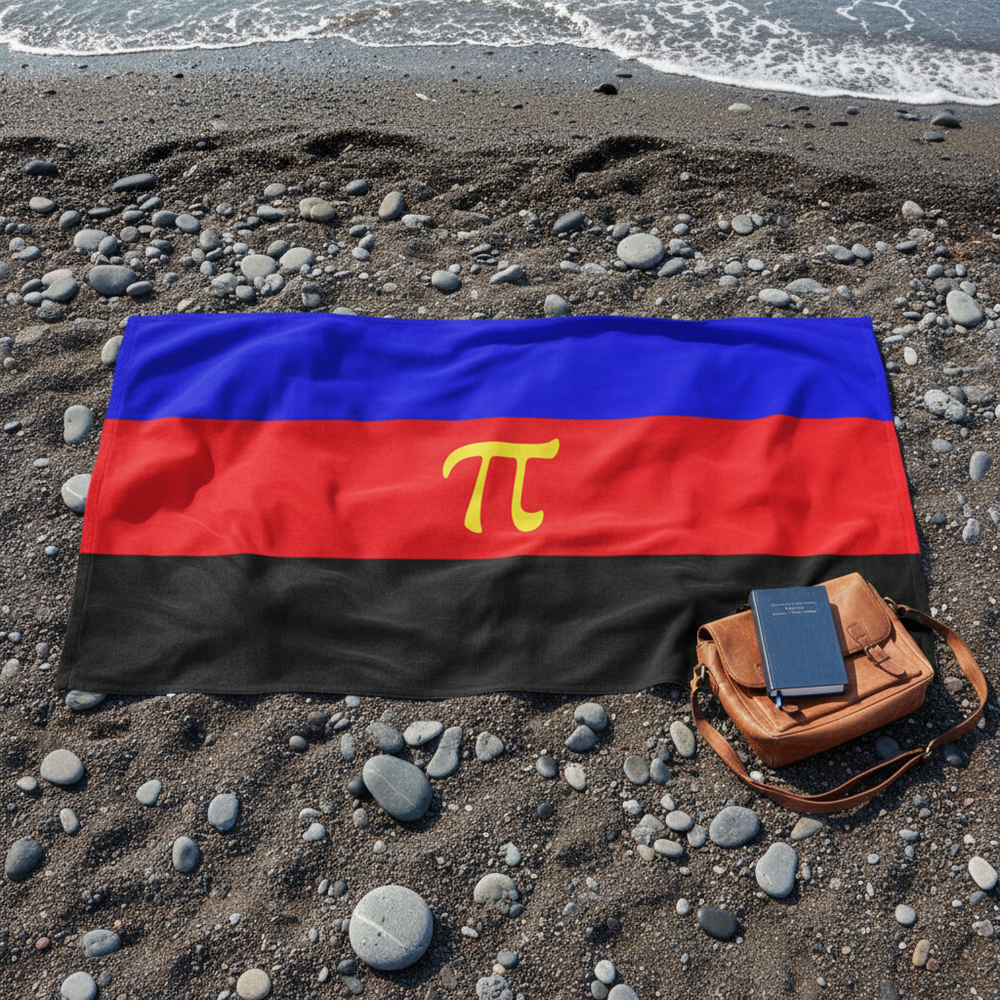 Polyamory Pride Flag towel with blue, red, and black stripes and a yellow pi symbol on pebbles by shore, brown satchel