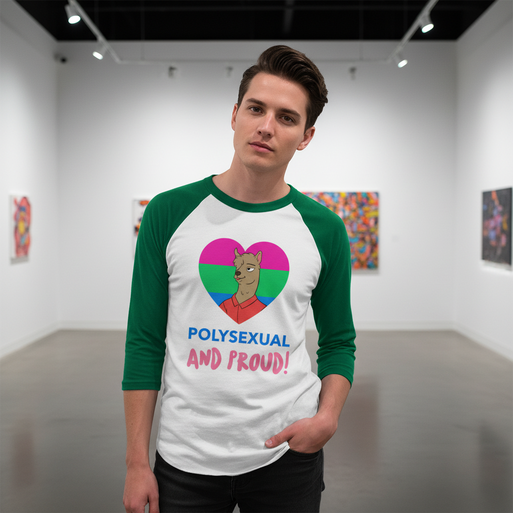 Polysexual And Proud 3/4 Sleeve Raglan Shirt with a cartoon figure in front of a polysexual pride heart
