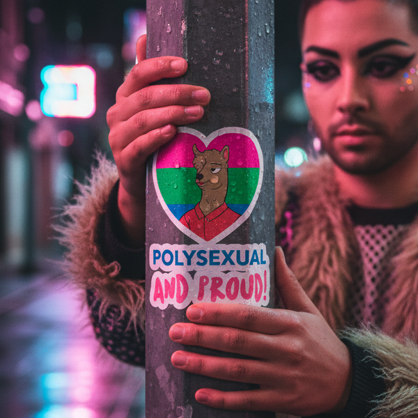Heart-shaped "Polysexual And Proud" bubble-free sticker with a llama on the polysexual flag, held by a person in bold makeup