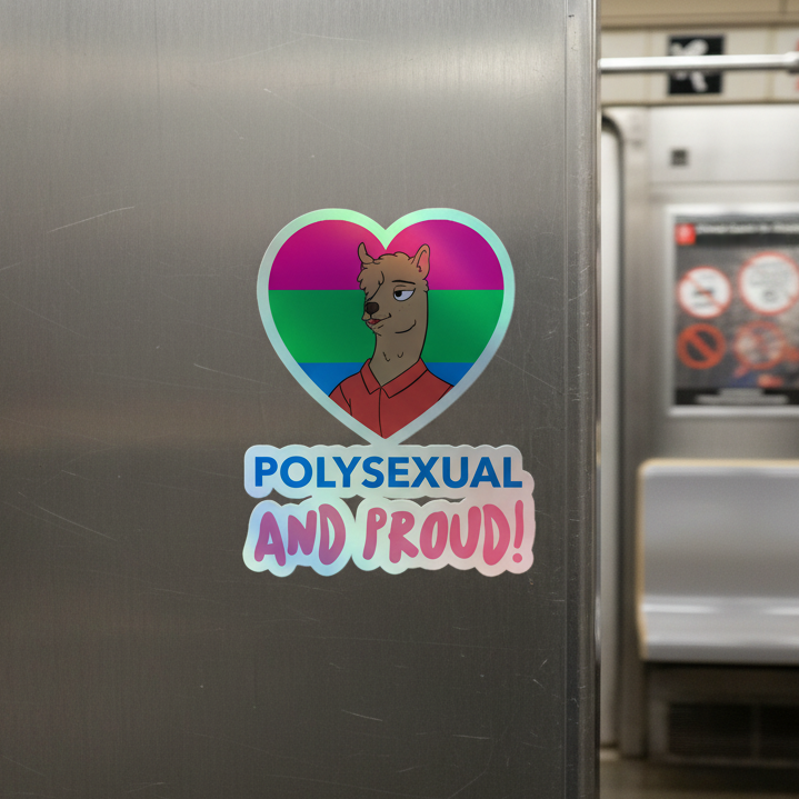 Heart-shaped holographic vinyl sticker featuring the polysexual pride flag, a llama in a red shirt