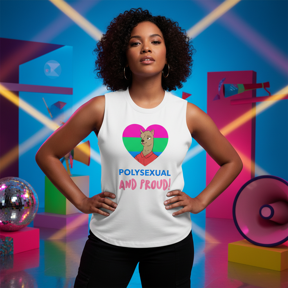 Polysexual And Proud Muscle Top: white relaxed-fit tank with cartoon person, polysexual pride heart