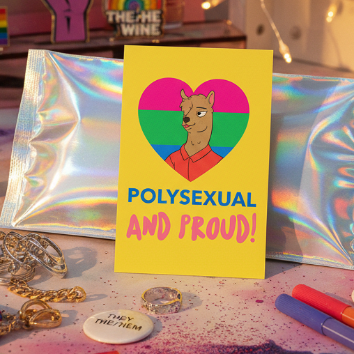 Polysexual And Proud Postcard with a cartoon llama on a poly pride heart, blue "POLYSEXUAL" and pink "AND PROUD!" text
