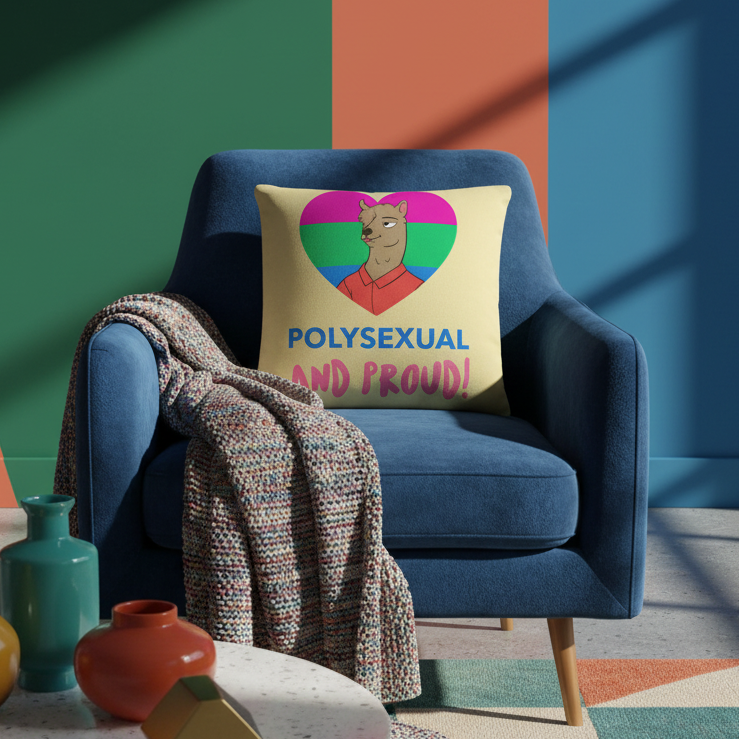 Polysexual And Proud Premium Pillow on a blue armchair with a colorful knit blanket, showing a cartoon and heart in pink