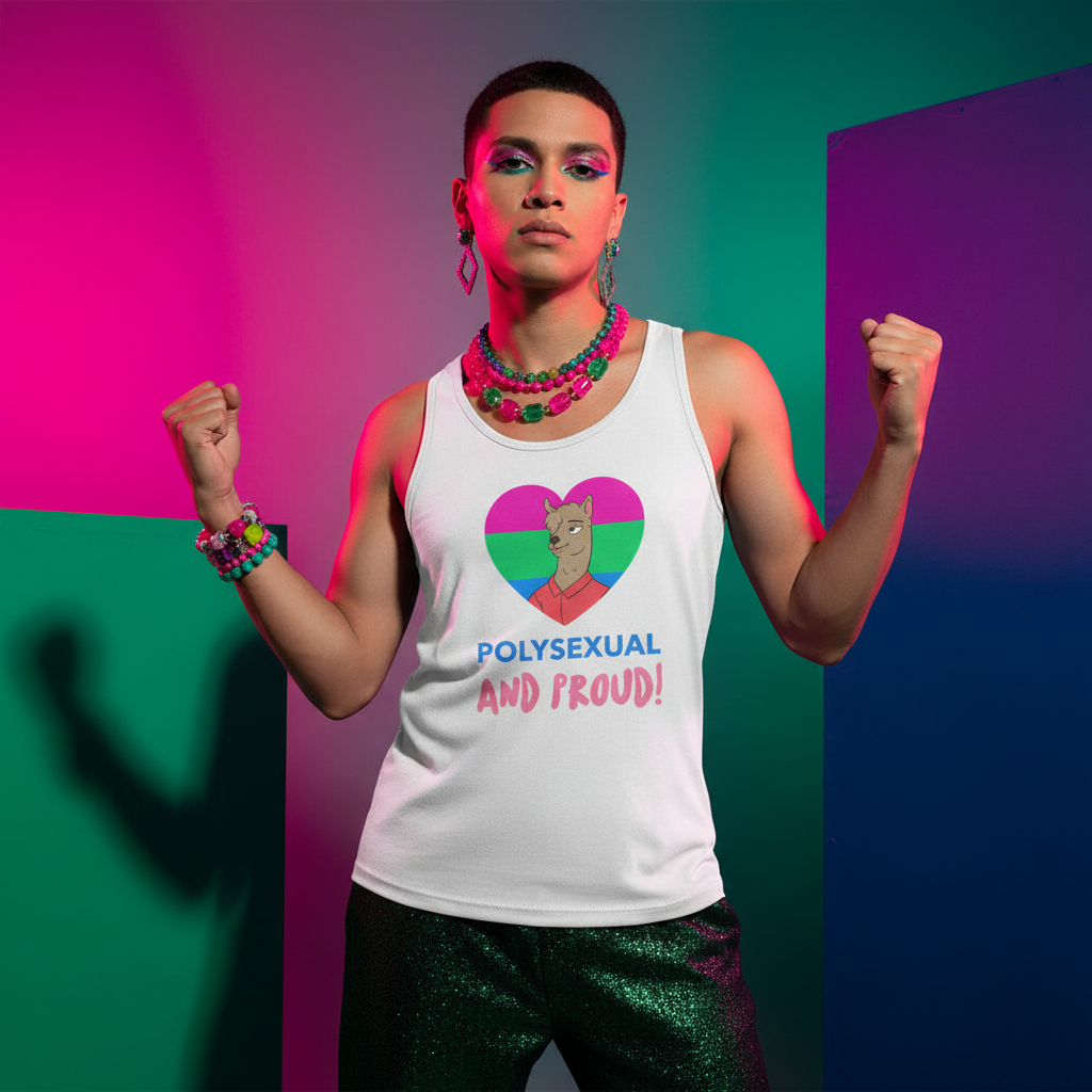 Polysexual And Proud Unisex Tank Top featuring polysexual flag colors, heart, cartoon figure