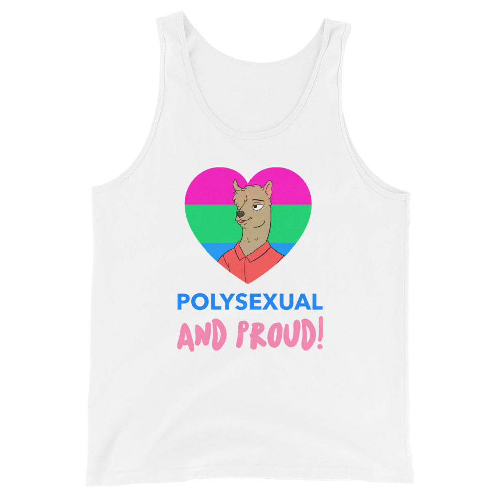 White unisex tank top with a heart in polysexual flag colors—green, pink, blue