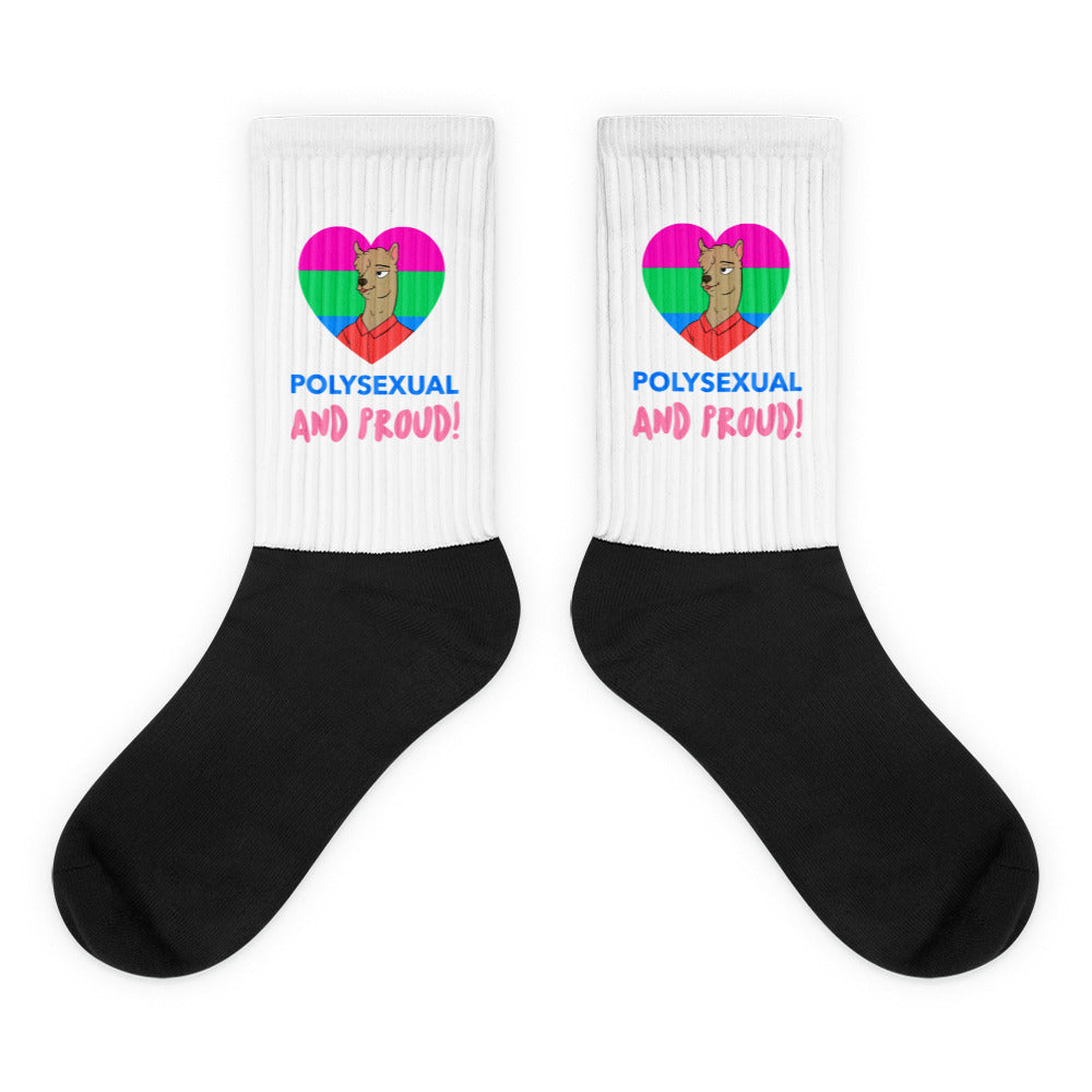 Pair of black-and-white socks with polysexual pride hearts and “POLYSEXUAL AND PROUD!” text