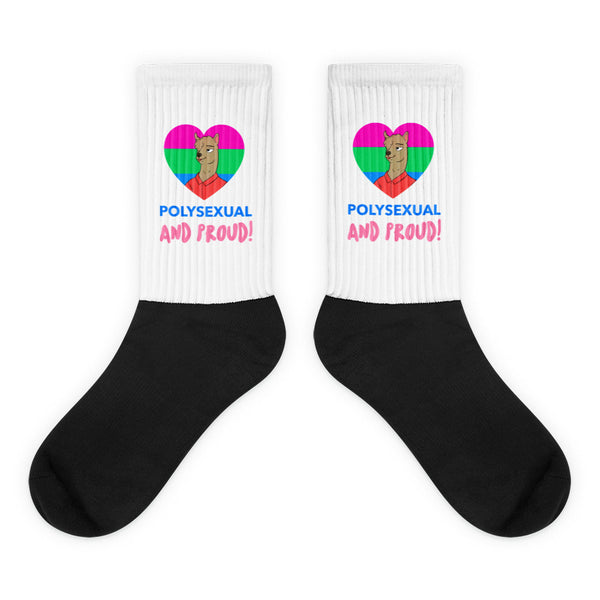 Pair of black-and-white socks with polysexual pride hearts and “POLYSEXUAL AND PROUD!” text